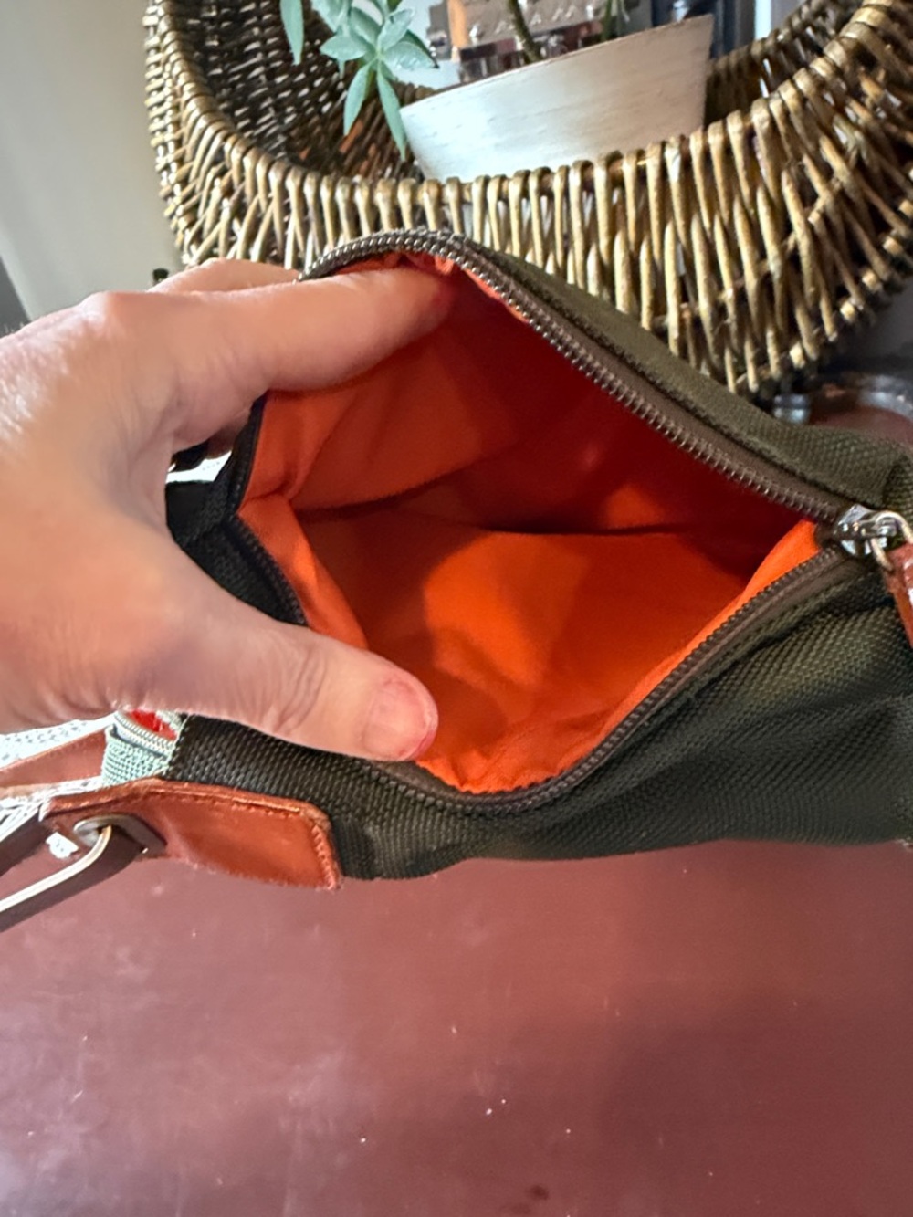 Olive Green Canvas Crossbody Bag with Orange Lining - Picture 5 of 9